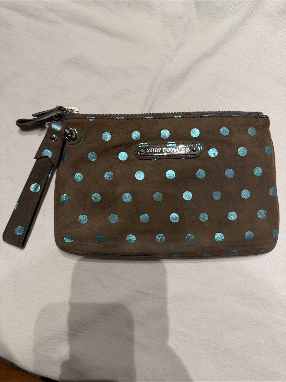 Juicy Couture Suede Taupe Wristlet w/ Metallic Teal Polka Dots EUC